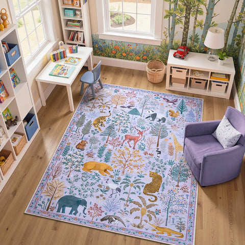 Animal Print Nursery Rugs Washable Area Rugs 5'x7', Soft Kids Room Rug Ultra-Thin Non-Slip Modern Li