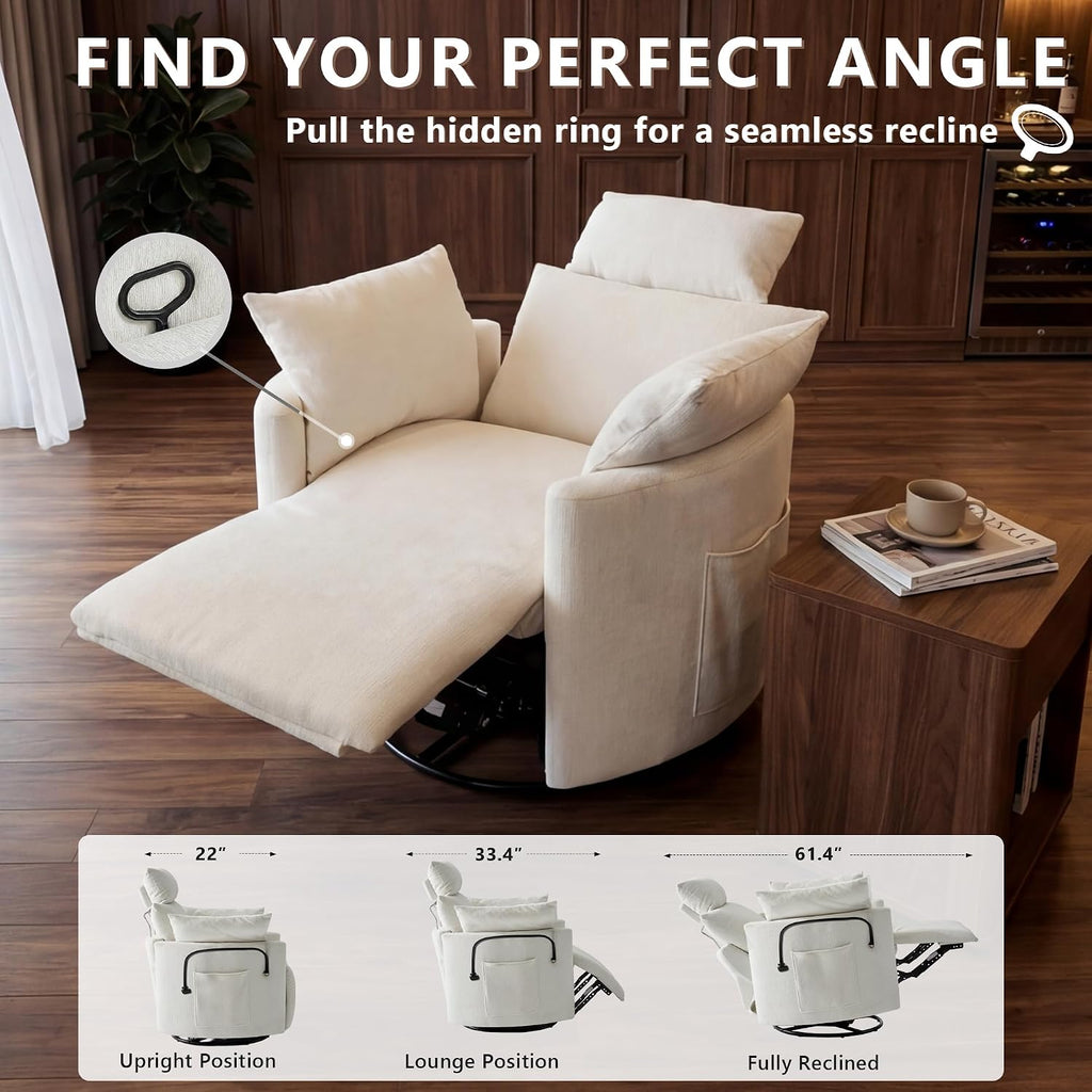 Chenille Nursery Rocking Chairs Recliner, Manual, White | 4" Height and 55° Angle Adjustable Headrest, 360° Silent