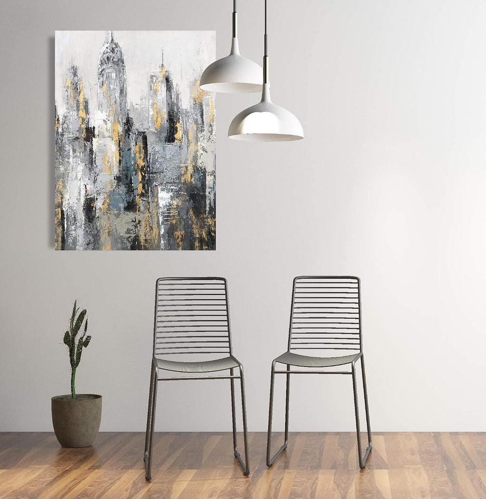 Modern Abstract Cityscape Canvas Wall Art Painting with Gold Foil Hand Painted Building Pictures Decoration