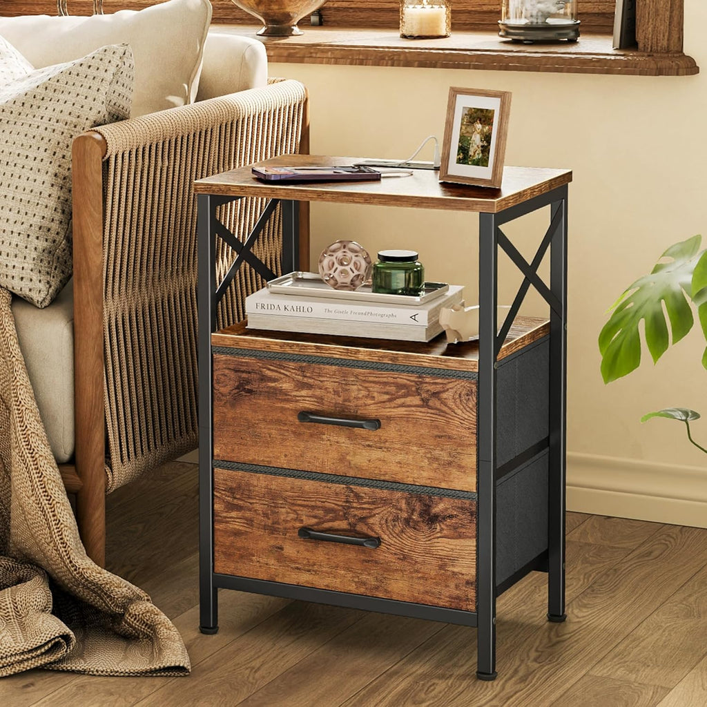 Nightstands Set of 2, Night Stand with Charger Station, 2 Drawer Side Table with Open Shelf, USB-C Port, End Table