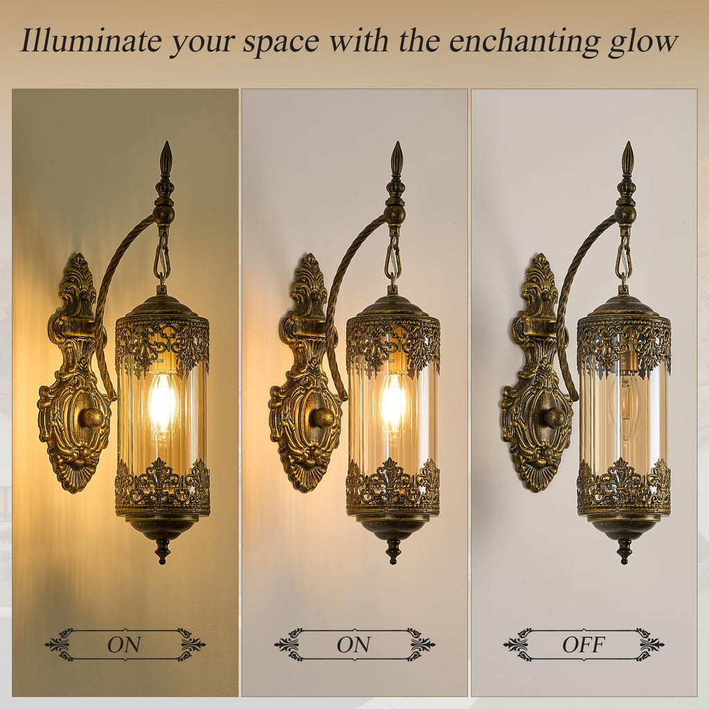 Gothic Wall Sconce 2 Pack, Amber Glass Rustic Gold Wall Lamp Lantern Retro Wall Mount Lighting with Amber Glass