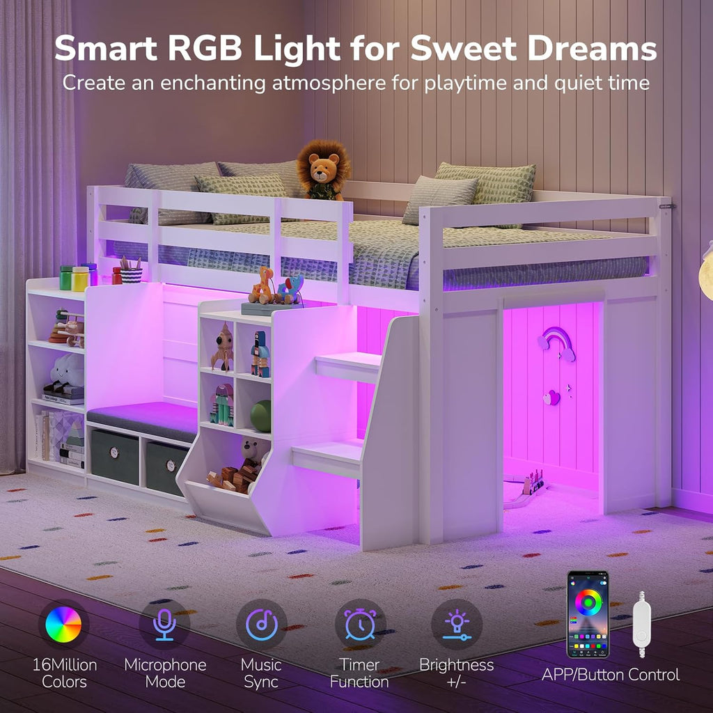Low Loft Bed Twin with LED Lights, Wooden Kids Twin Loft Bed with Storage Bookcase, Toy Box