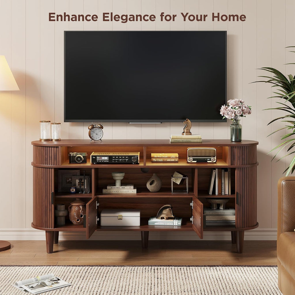 59" Fluted TV Stand with Sliding Doors, Mid Century Modern TV Stands for Tvs up to 65", Entertainment Center with Storage and Adjustable Shelves, Wood Media TV Consoles for Living Room (Walnut)