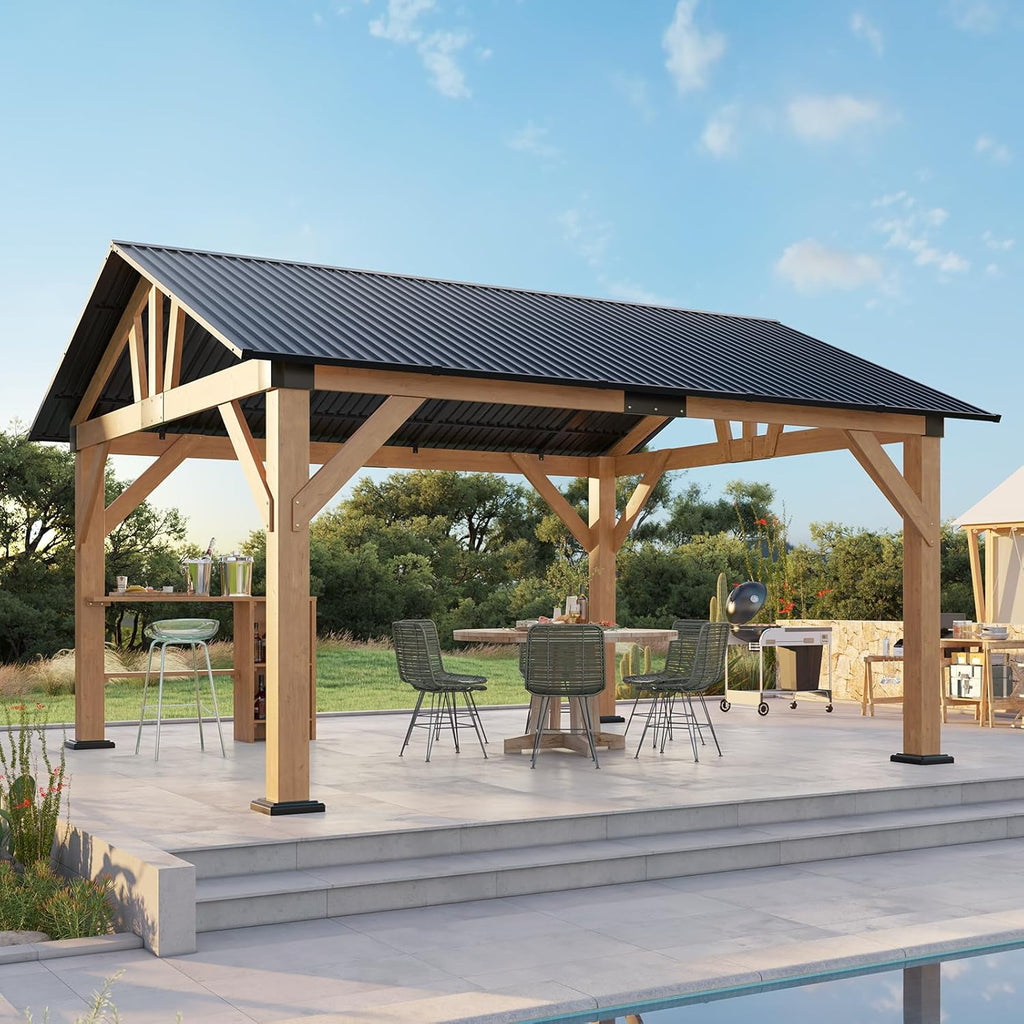 13x15 FT Wood Gazebo, Hardtop Pergola with Steel Gable Roof, Outdoor Gazebo with Guest House for Garden, Porch, Patio, Black + Natural Wood