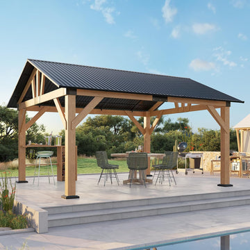 13x15 FT Wood Gazebo, Hardtop Pergola with Steel Gable Roof, Outdoor Gazebo with Guest House for Garden, Porch, Patio, Black + Natural Wood