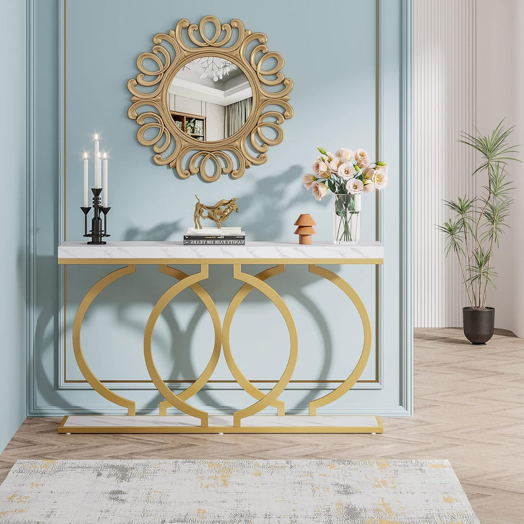 Gold Console Table, 55 inch Modern Entryway Table with Geometric Metal Frame, Faux Marble Narrow Long Sofa Table