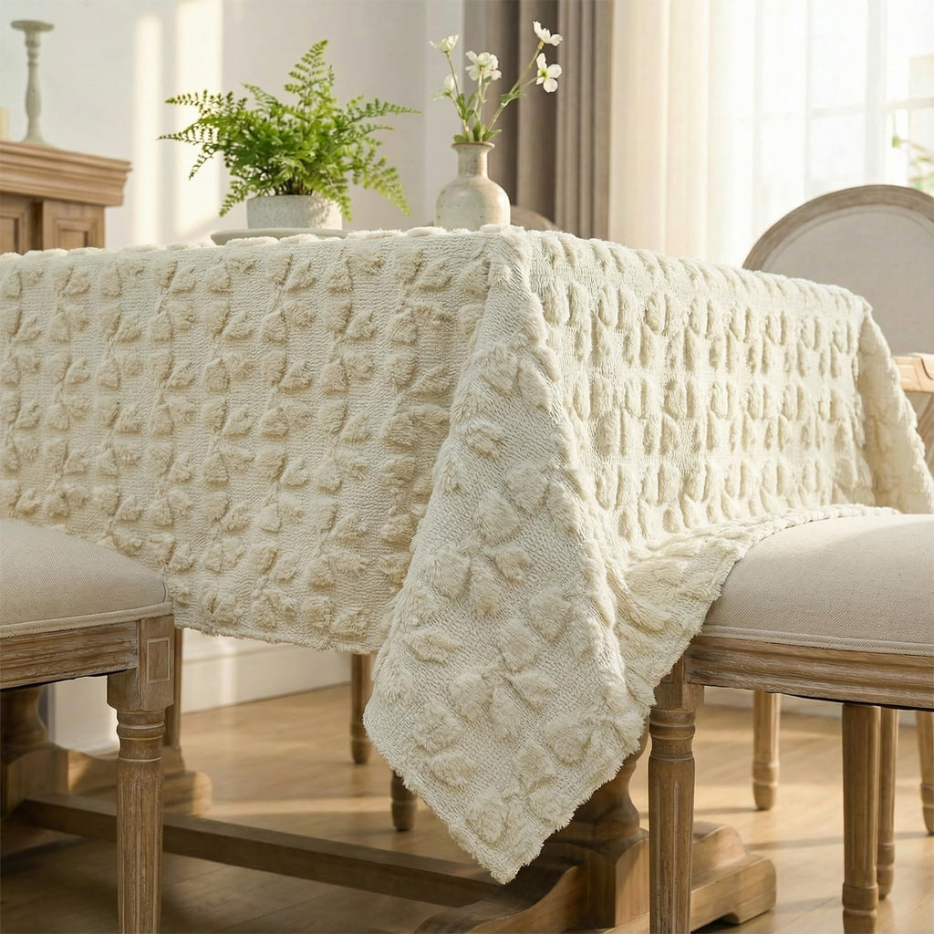 Bow Tablecloth 60×84 Inch Rectangular, Beige Soft Plush Faux Fur Jacquard Bow Table Cover, Seasonal 