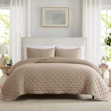 Beige Cloud Quilt Set, Tan Lightweight Farmhouse Bedspread, Rustic Country Coverlet, Taupe Camel Soft Bedding
