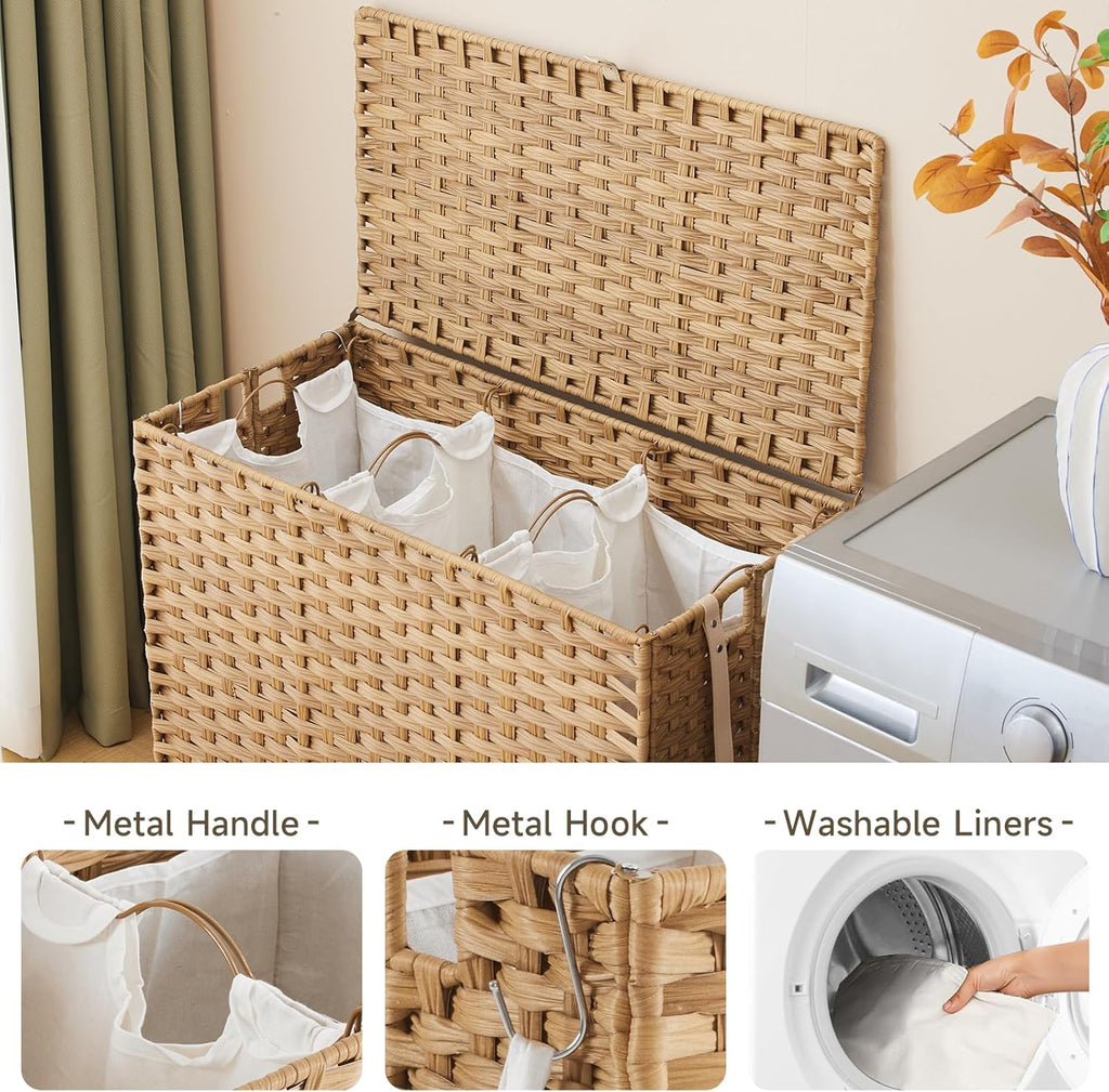 Laundry Hamper with Wheels, 39.6 Gallon(150L) Rolling Laundry Basket with Lid, 3-Section Rattan Clothes Hamper with 3