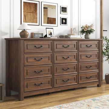 Farmhouse 12 Drawer, 63" Wood Chest of Drawers with Rustic Handles, Wide Closet Dressers Organizer, Living Room