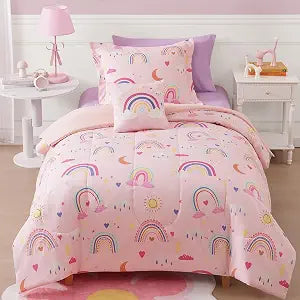 Twin Comforter Set for Girls - 3 Pieces Pink Rainbow Twin Bedding Sets - Set of 3