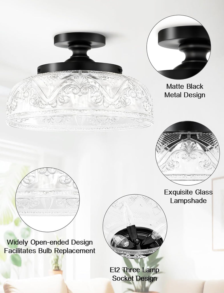 Semi Flush Mount Ceiling Light, 12 Inch Large Black Ceiling Light Fixture, 3-Light Globe Glass Industrial Kitchen
