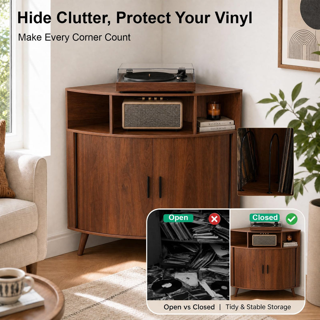 Corner Record Player Stand with Charging Station, Mid Century Modern Vinyl Storage Cabinet with Curved Door, Small