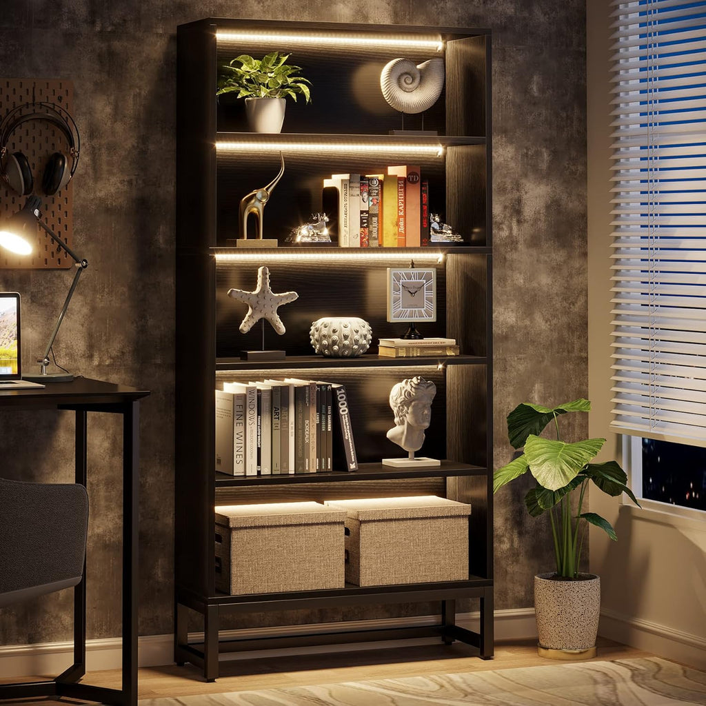 Tall Bookcase Black Bookshelf, 70.8” Large Bookcases Organizer with LED Lights
