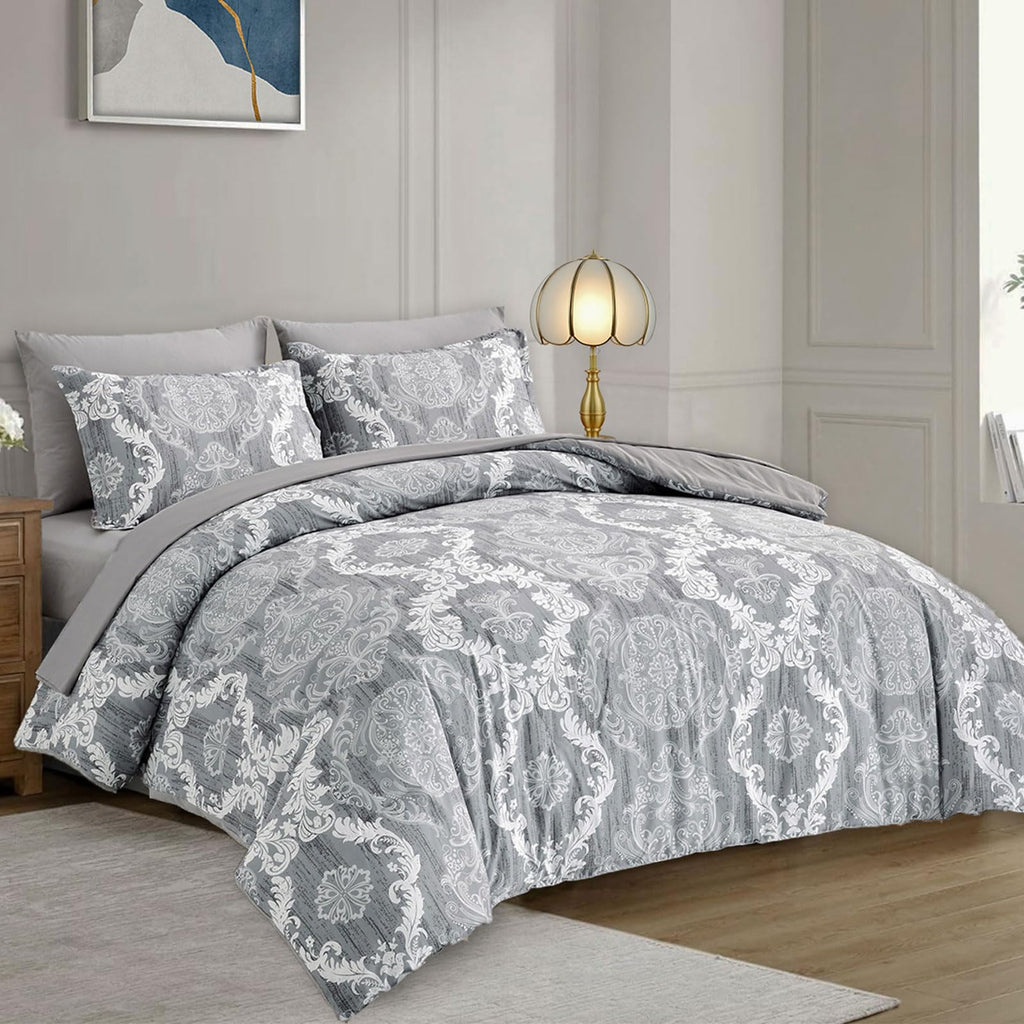 Grey Comforter Set Queen Size, Damask Texture 7 Pieces Gray Bed in a Bag Microfiber Boho Comforter Bedding Sheet Set