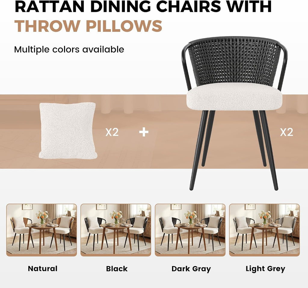Modern Rattan Dining Chairs Set of 6, Upholstered Kitchen Chair with Metal Legs, Ergonomic Curved Backrest, Mid
