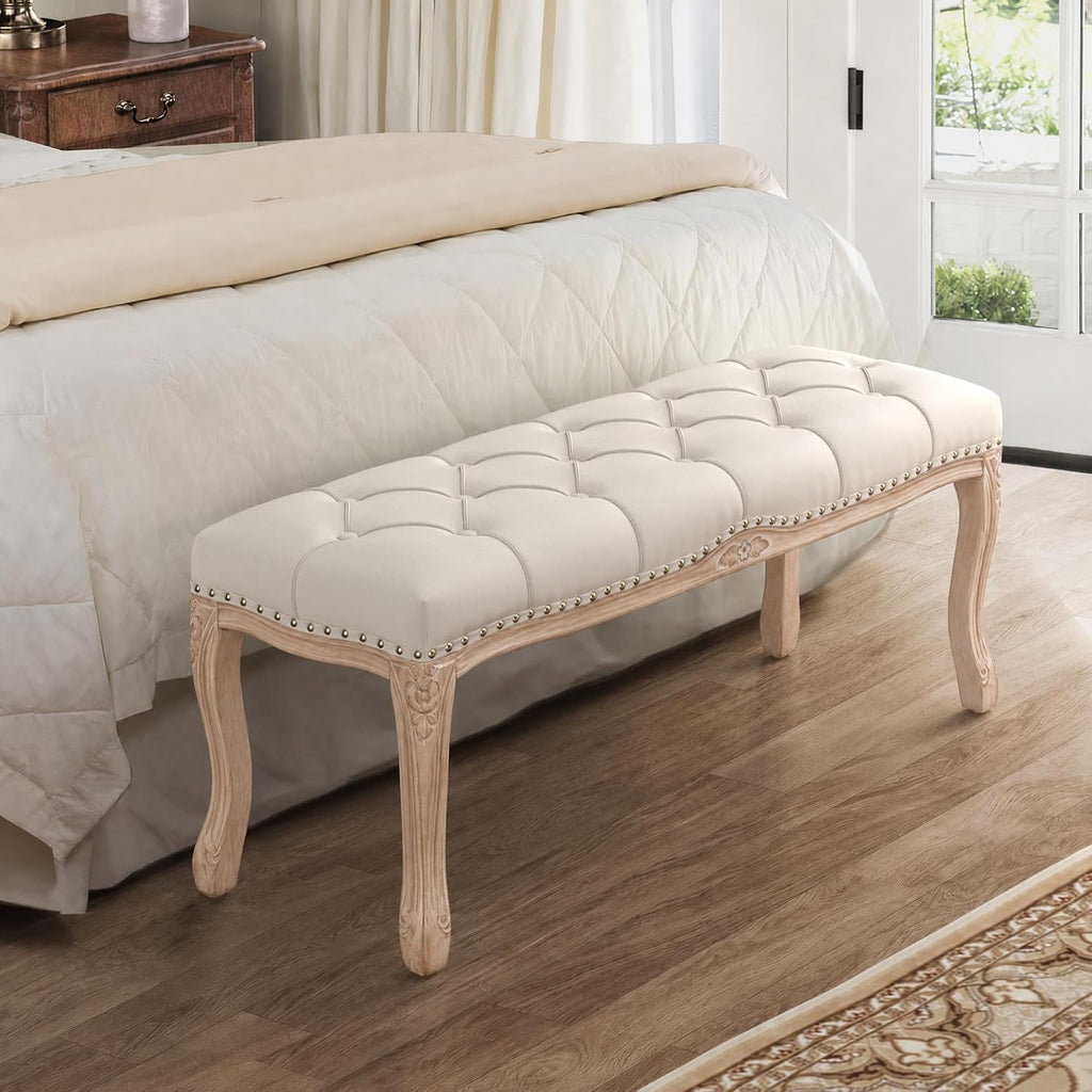 Bedroom Bench, French Vintage Tufted Entryway Bench, 45.2" Carving Upholstered End of Bed Bench with Distressed Wood