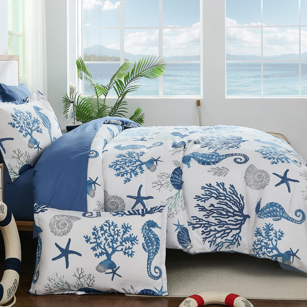 Coastal Queen Comforter Set 7Pc Soft Beach Ocean Nautical Bed