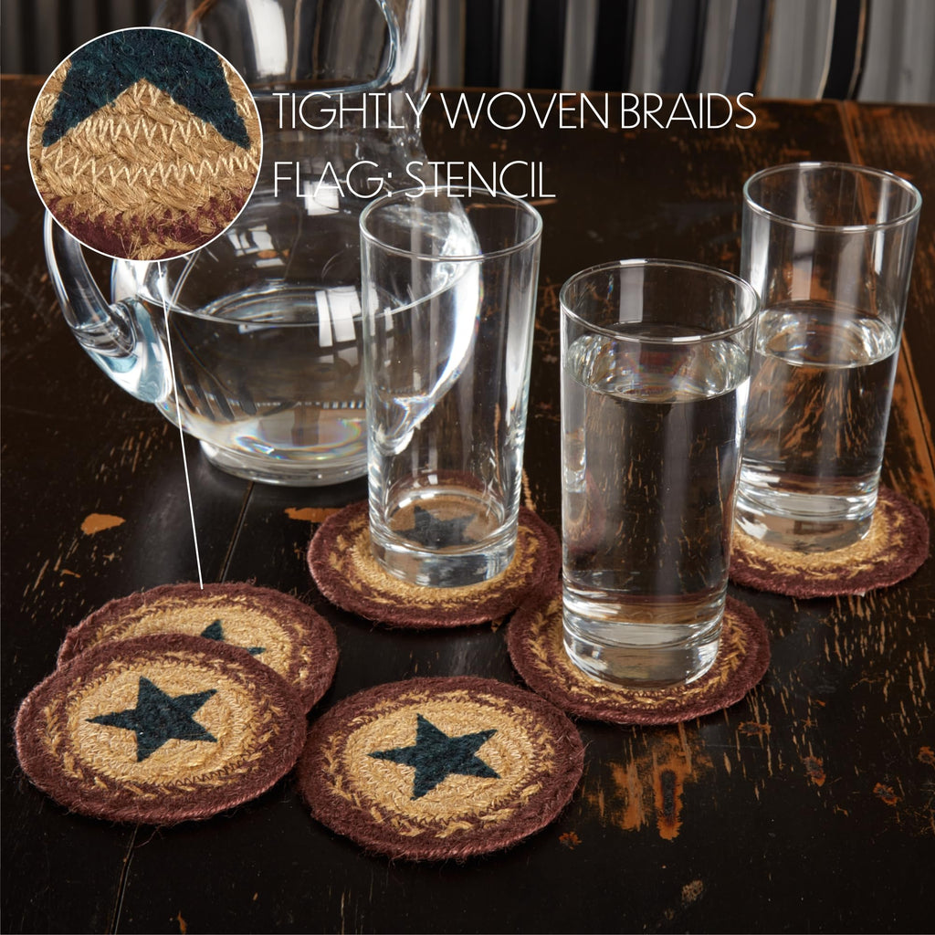 Potomac Star Textured Jute Primitive Tabletop Kitchen Stenciled Round Coaster Set of 6, Natural Tan