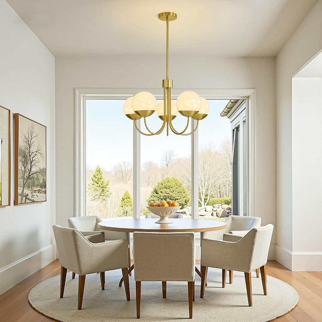 5-Light Modern Gold Chandelier, Mid Century Sputnik Globe Pendant Light with Milk White Glass Shades, Height