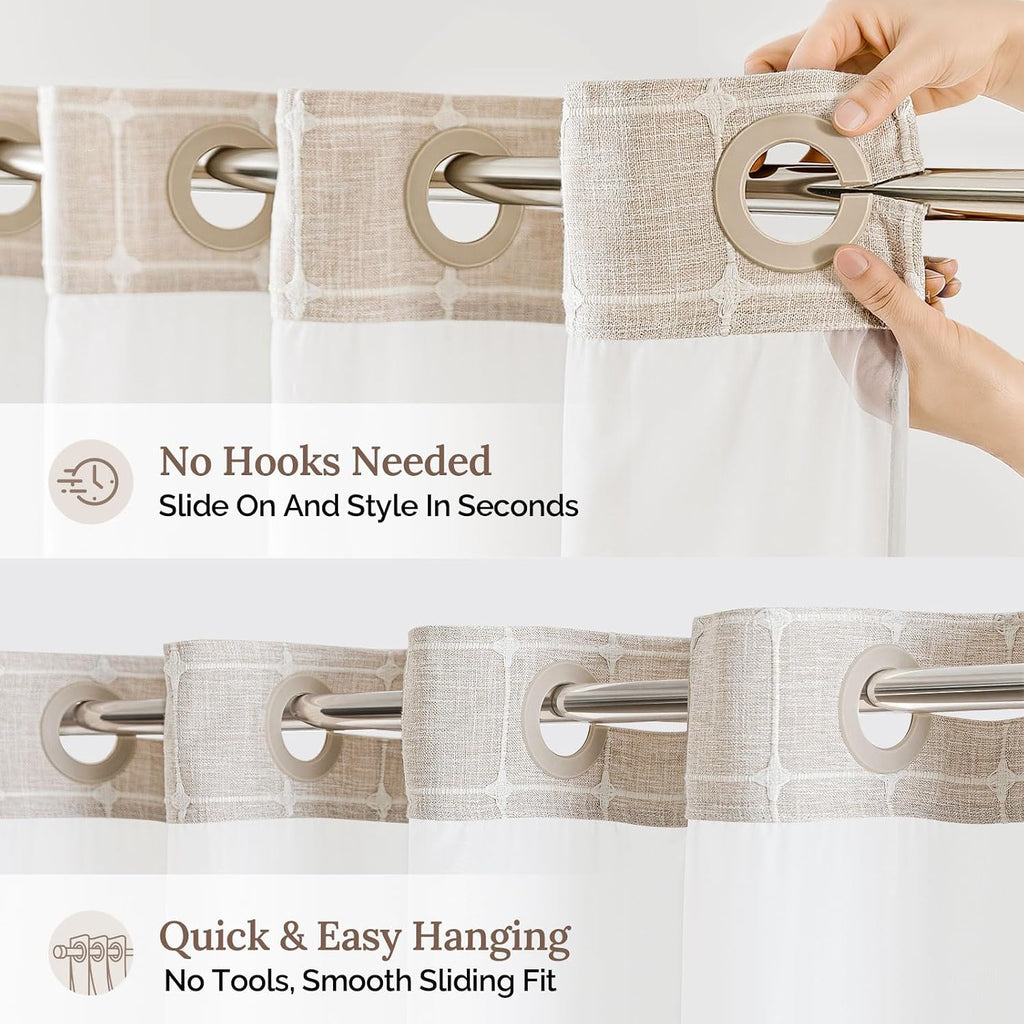 Farmhouse Linen Textured Shower Curtain with Snap-in Liner Set, No Hooks Needed, with Tassels for Rustic Bathroom
