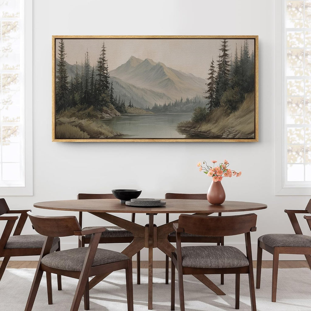 Extra Large Framed Canvas Print Wall Art Mountain Forest Landscape Misty Pine Trees and Lake Scene Illustrations