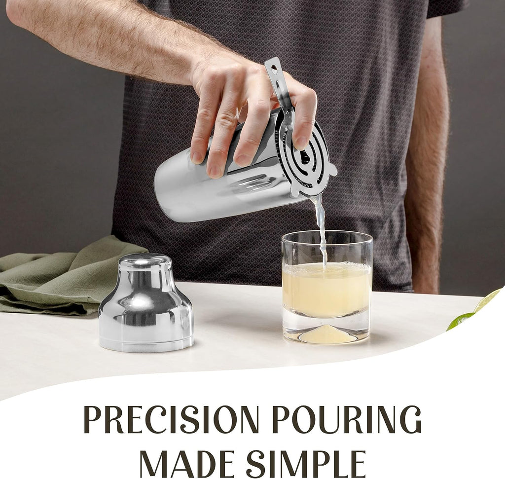 Cocktail Shaker Set - Bartender Kit with Pine Stand | Leak-Proof Design | Includes Martini Shaker, Jigger, Strainer