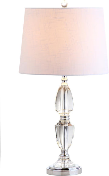 27" Clear Crystal LED Table Lamp, Traditional French Country Chrome Nightstand Lamp with White Linen