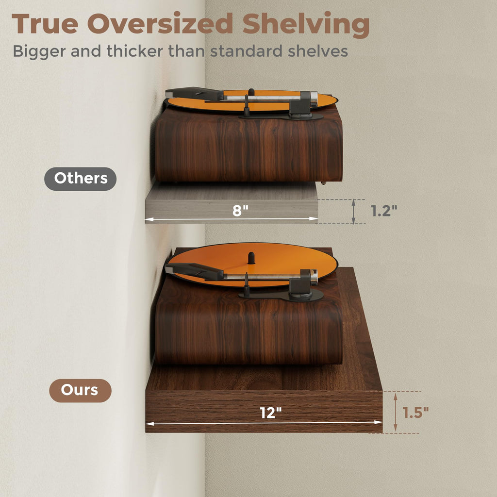 12 inch Deep Floating Shelves for Wall, 72" Wide, Walnut, 2-Pack