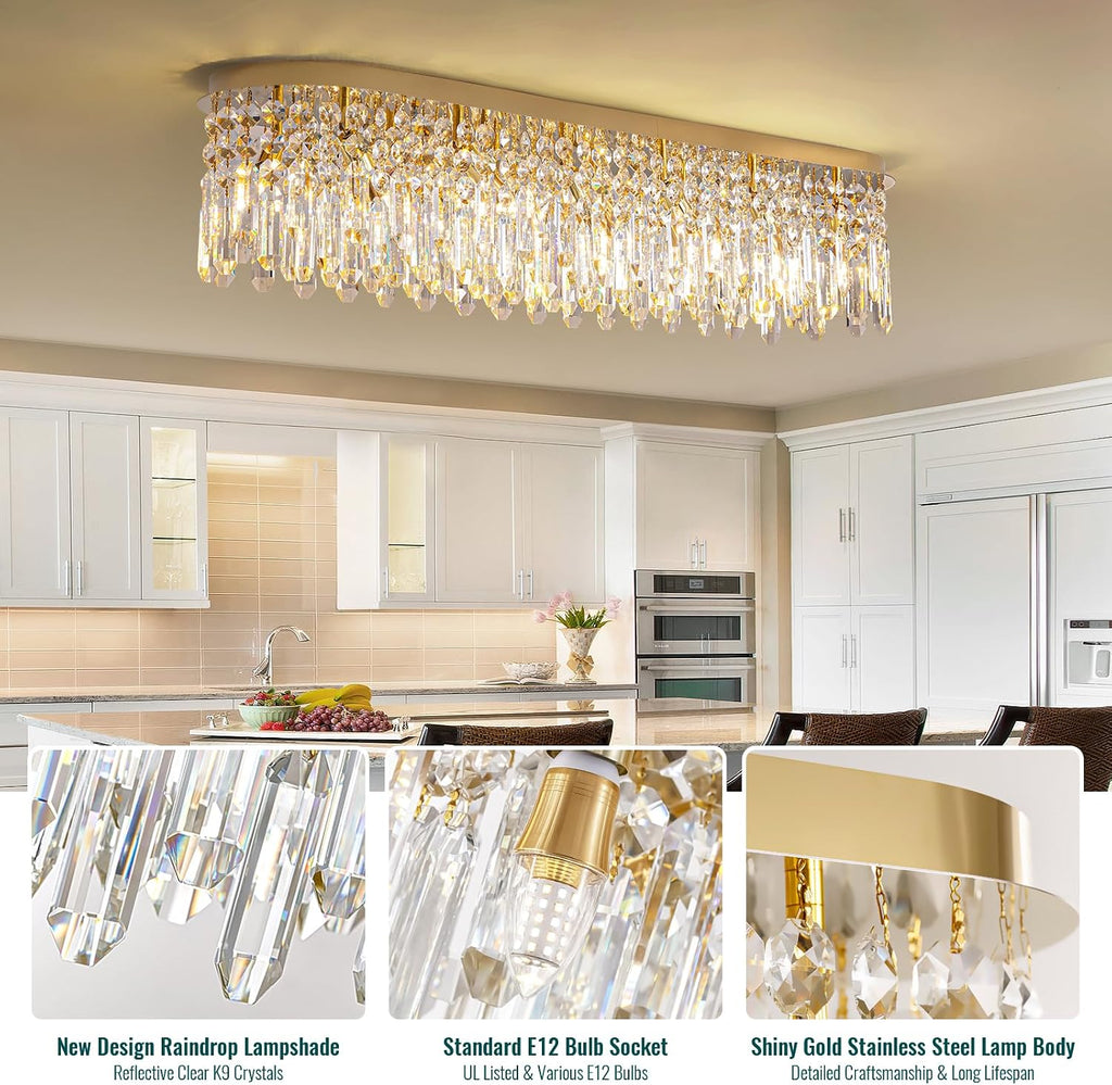 12-Light Modern Gold Crystal Raindrop Chandelier for Dining Room, Luxury Oval Flush Mount Crystal Pendant Ceiling