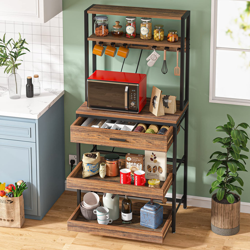 Kitchen Baker's Rack with Power Outlets, Freestanding 5-Tier Microwave Stand with Drawers & Sliding Shelves, Coffee