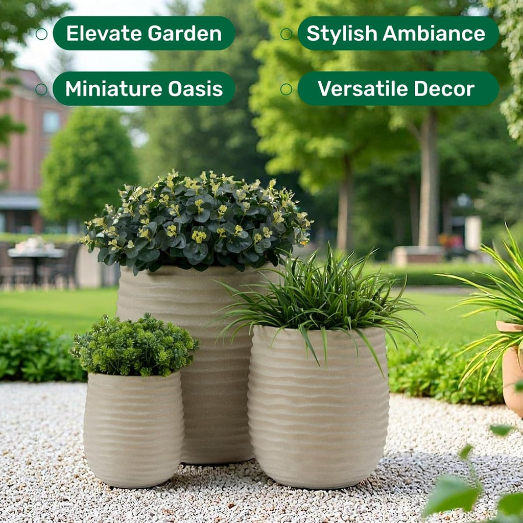 15"+11"+7.9" Dia Concrete Planter Set of 3, Flower Pot with Wavy Texture | Indoor Outdoor Large Planters with
