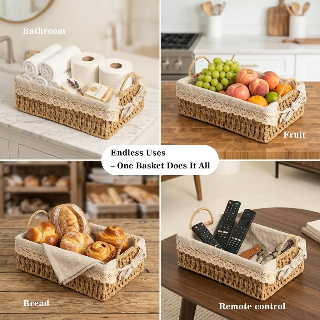 Rectangular Wicker Basket 2-Pack, Small Storage Baskets with Liner | Handwoven paper rope on metal frame. Removable
