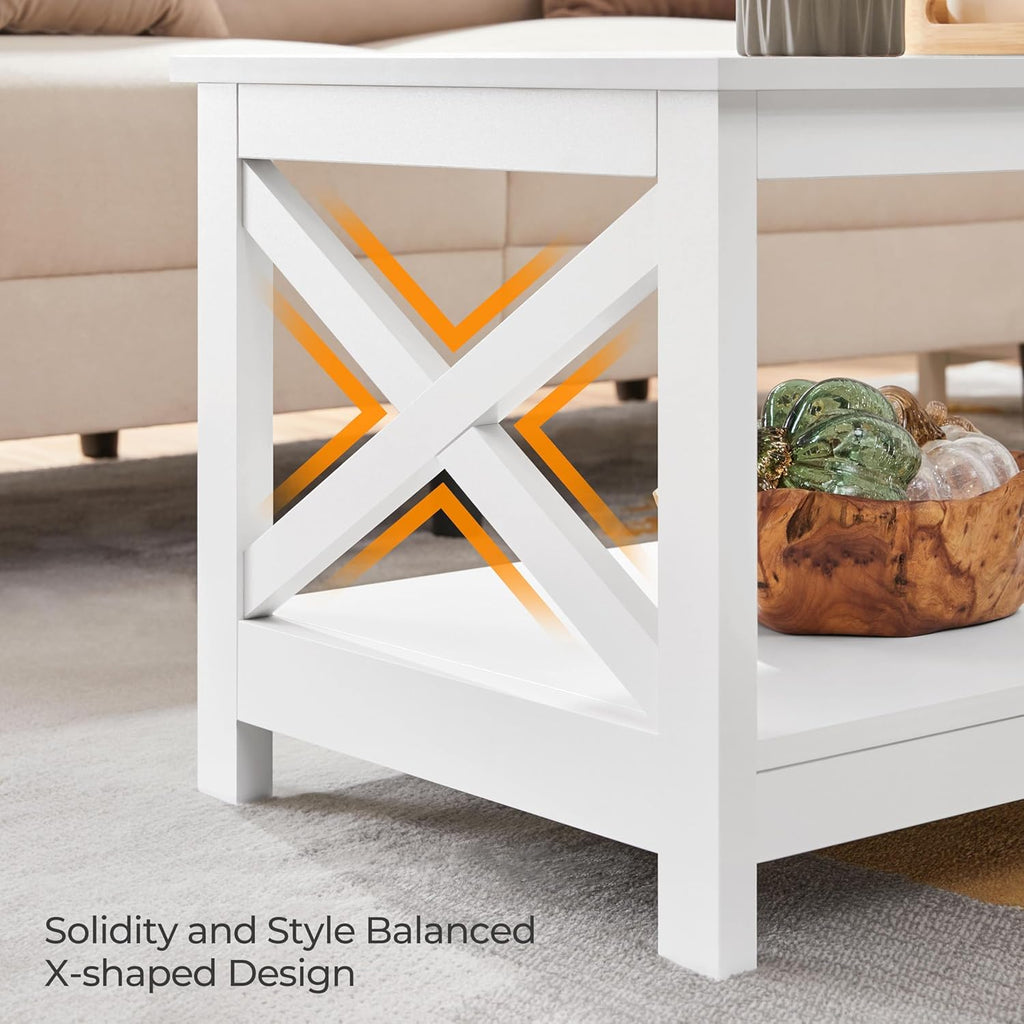 Wood 2-Tier White Coffee Table with Storage Shelf, X Design Accent Cocktail Table, Simple Design Home Furniture
