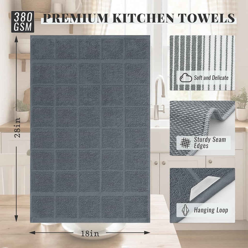 6 Pack Cotton Terry Premium Kitchen Towels, 18 x 28 in, Grey | Large 380 GSM Dish Towels, Highly Absorben Flat &