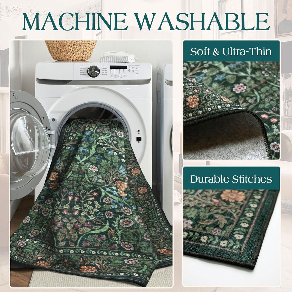 Dark Green Floral Entry Rug - 3x5 Soft Washable Bedroom Area Rug Non Slip Vintage Botanical Farmhous