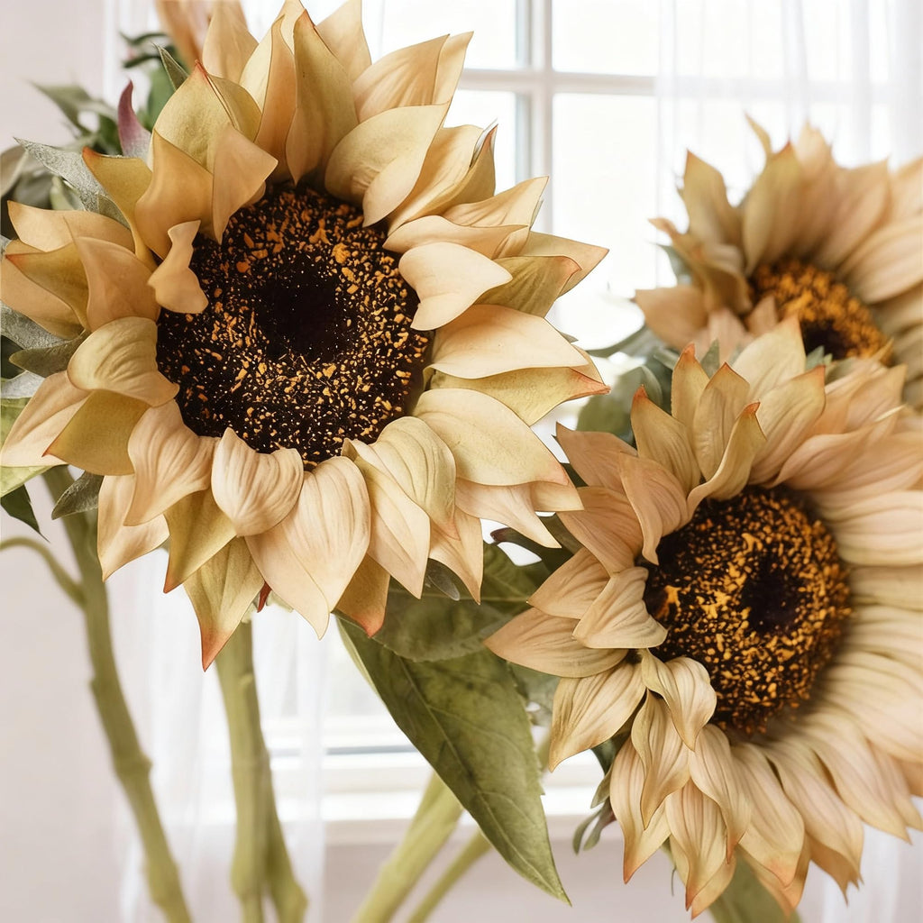 Real Touch Artificial Sunflowers, 4Pcs Faux Light Brown Silk Flowers