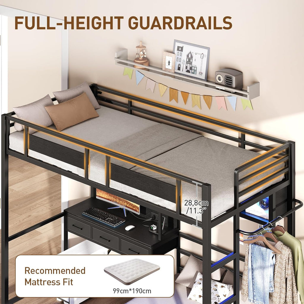Twin Over Twin Bunk Bed with Desk with 3 Drawers & Storage Shelves, Twin Bunk Bed with Charging Station & LED Lights