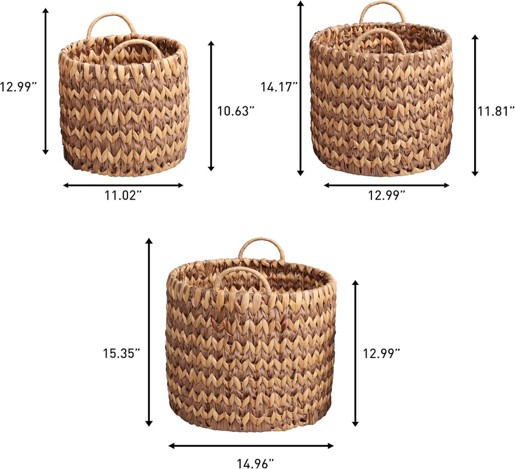 Cassia 3-Piece Handwoven Hyacinth Nesting Baskets, Brown/Natural | Two-Tone Style, Integrated Round Handles, Durable