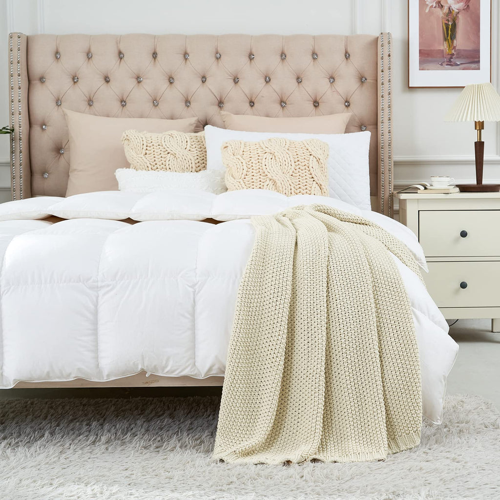 Chunky Cable Knit Throw Blanket Lightweight Cream 100% Organic Cotton Blanket for Sofa Couch Bed Baby Nursery, Rustic