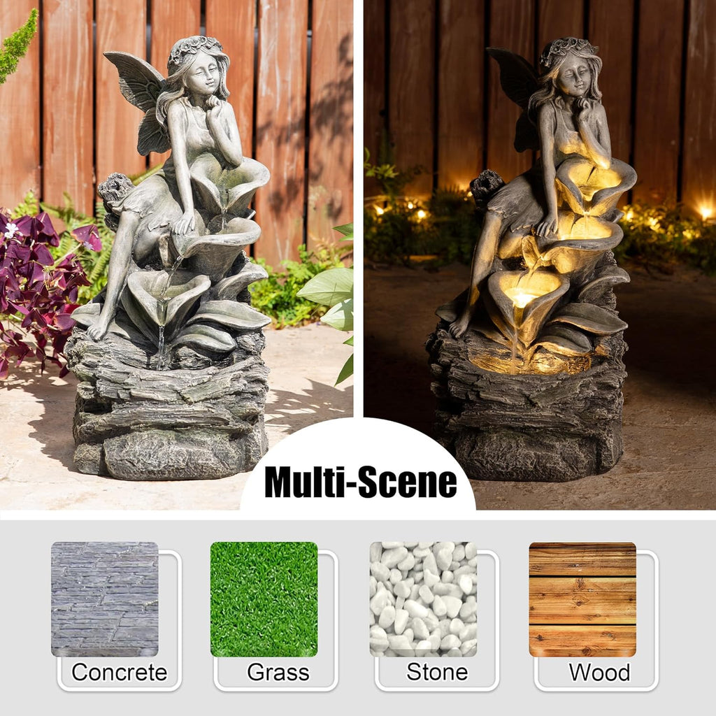 Water Fountain Fountain with Lights & Pump, 22.75" H 4-Tiered Concrete Fairy Polyresin Cascading Waterfall Floor