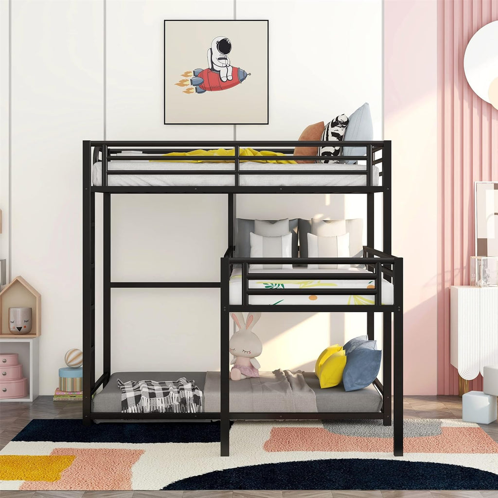 Metal Triple Bunk Bed Twin, L-Shaped Metal Triple Bunk Bed Frame, 3 Beds Bunk Bed for Kids Teens Adults - Black