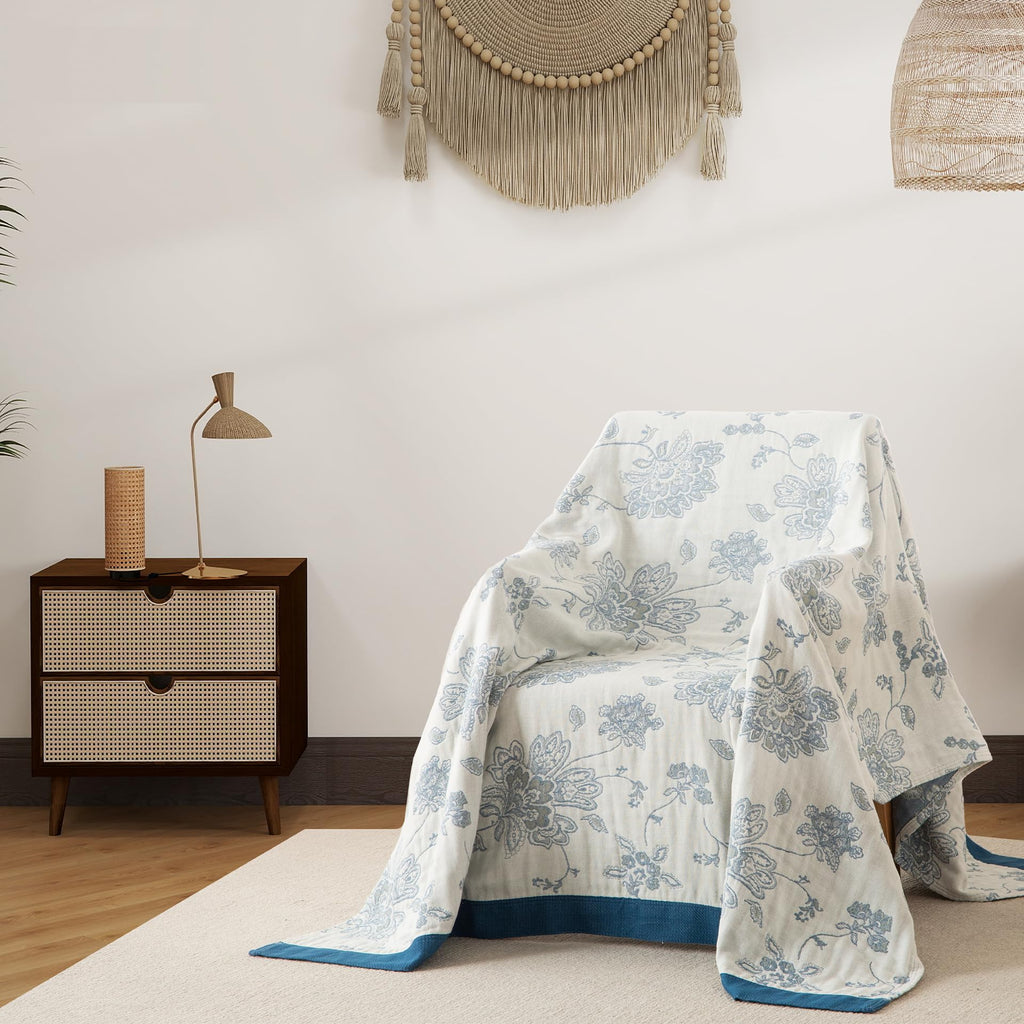 Boho Throw Blanket Full Size, Extra Large Soft Cozy Cotton Muslin Quilt Blanket for Bed Decor, Floral Patterned Couch