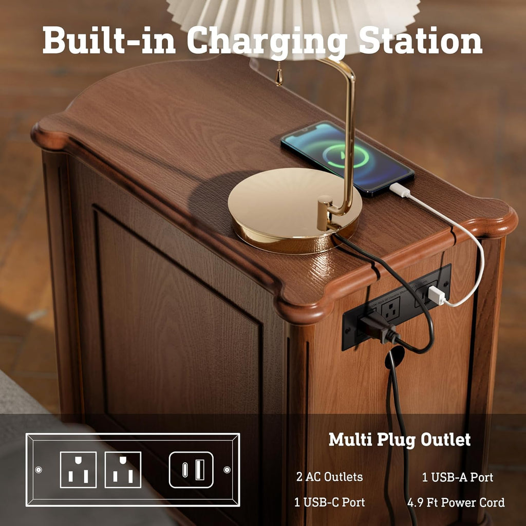 Nightstand w/Charging Station & 3 Drawers, Pre-Assembled, Vintage Side Table w/Antique-Finished Pulls, Rustic Wood