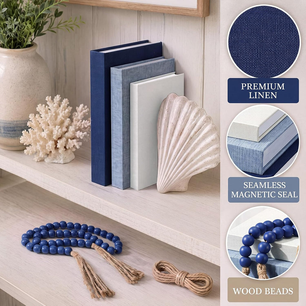 4 Pcs Linen Covered Decorative Books Coastal Home Decor for Coffee Table Aesthetic Blue Book Storage Boxes with