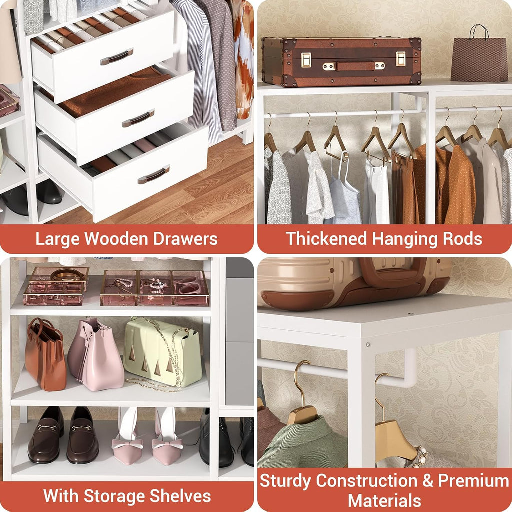Wood Clothes Rack Wardrobe Closets for Hanging Clothes Heavy Duty Garment Rack, Large Corner L Shaped Closet System