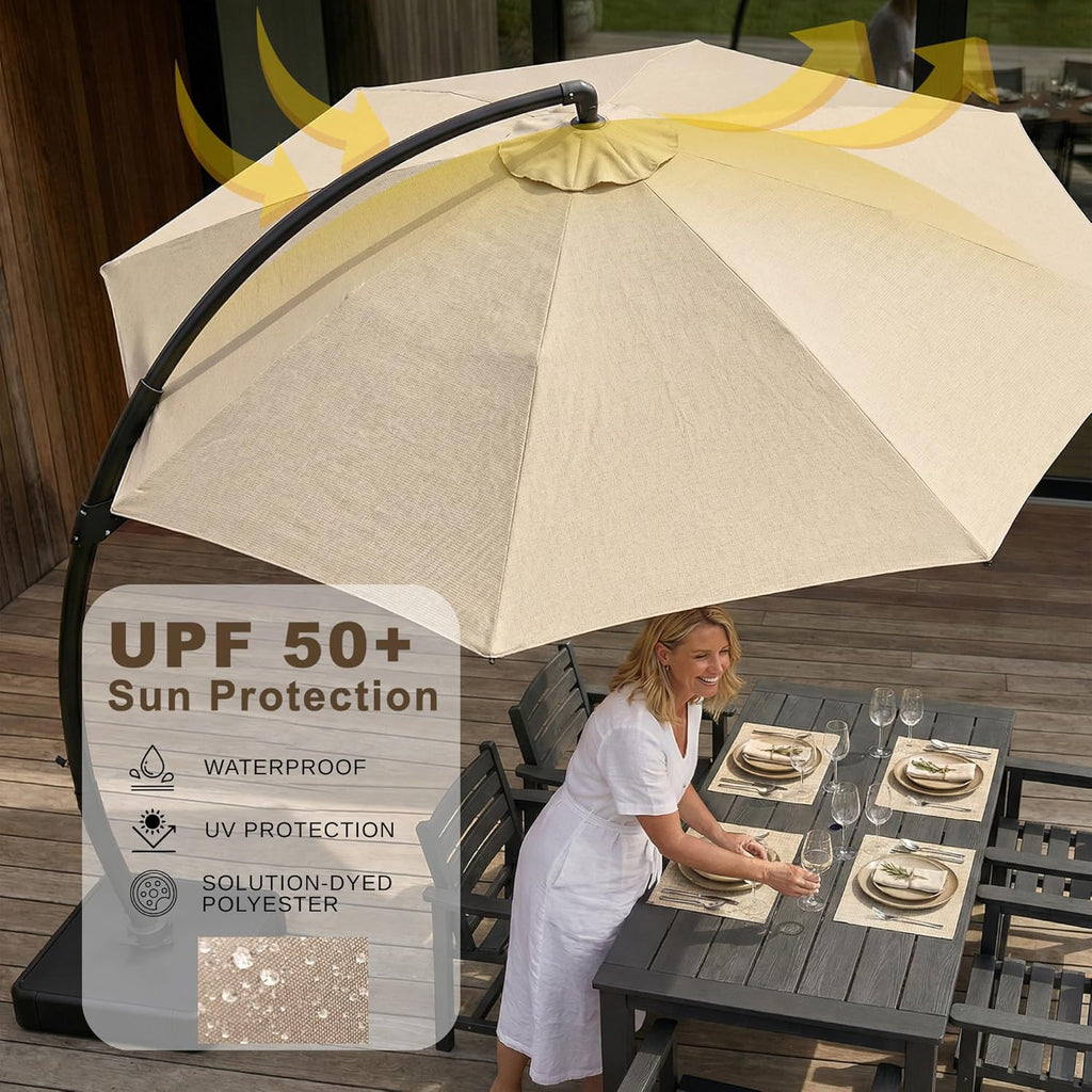 11ft Offset Cantilever Patio Umbrella with Base Included, Large Round Aluminum Outdoor Umbrella - Beige