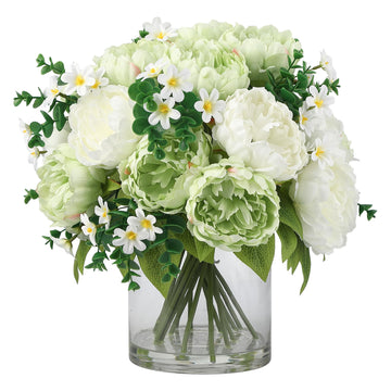 White & Green Mixed Peonies Bouquet, Silk Faux Peony with Glass Bottle and Faux Water Decor Wedding Bouquets Table