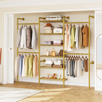 H3 Expandable Wall Mounted Closet System, 5.4FT-8.1FT Closet Organizer with 4 Telescopic Rods & 6 Wire Shelves