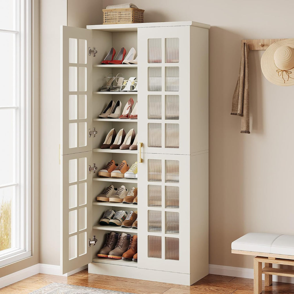 Tall Shoe Cabinet with Doors, 8-Tier Shoe Storage with Adjustable Shelves, Modern Shoe Organizer Shoe Rack Cabinet